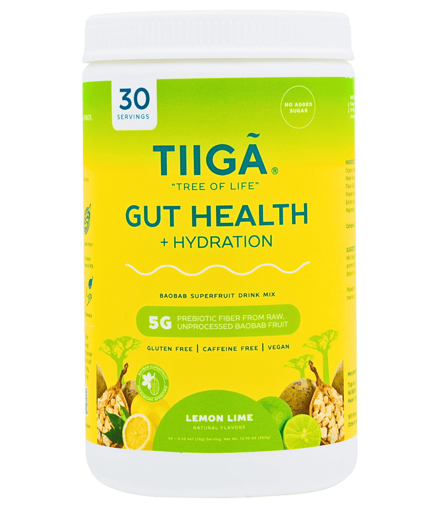 TIIGA Organic Baobab, Coconut Water & Prebiotic Fiber Electrolyte Supplement - 30 Serving Container - Lemon Lime