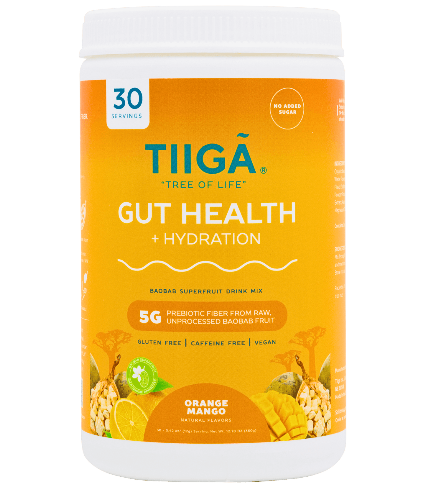 TIIGA Organic Baobab, Coconut Water & Prebiotic Fiber Electrolyte Supplement - 30 Serving Container - Orange Mango