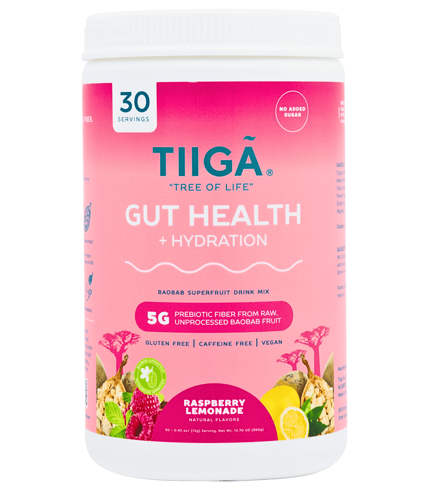 TIIGA Organic Baobab, Coconut Water & Prebiotic Fiber Electrolyte Supplement - 30 Serving Container - Raspberry Lemonade