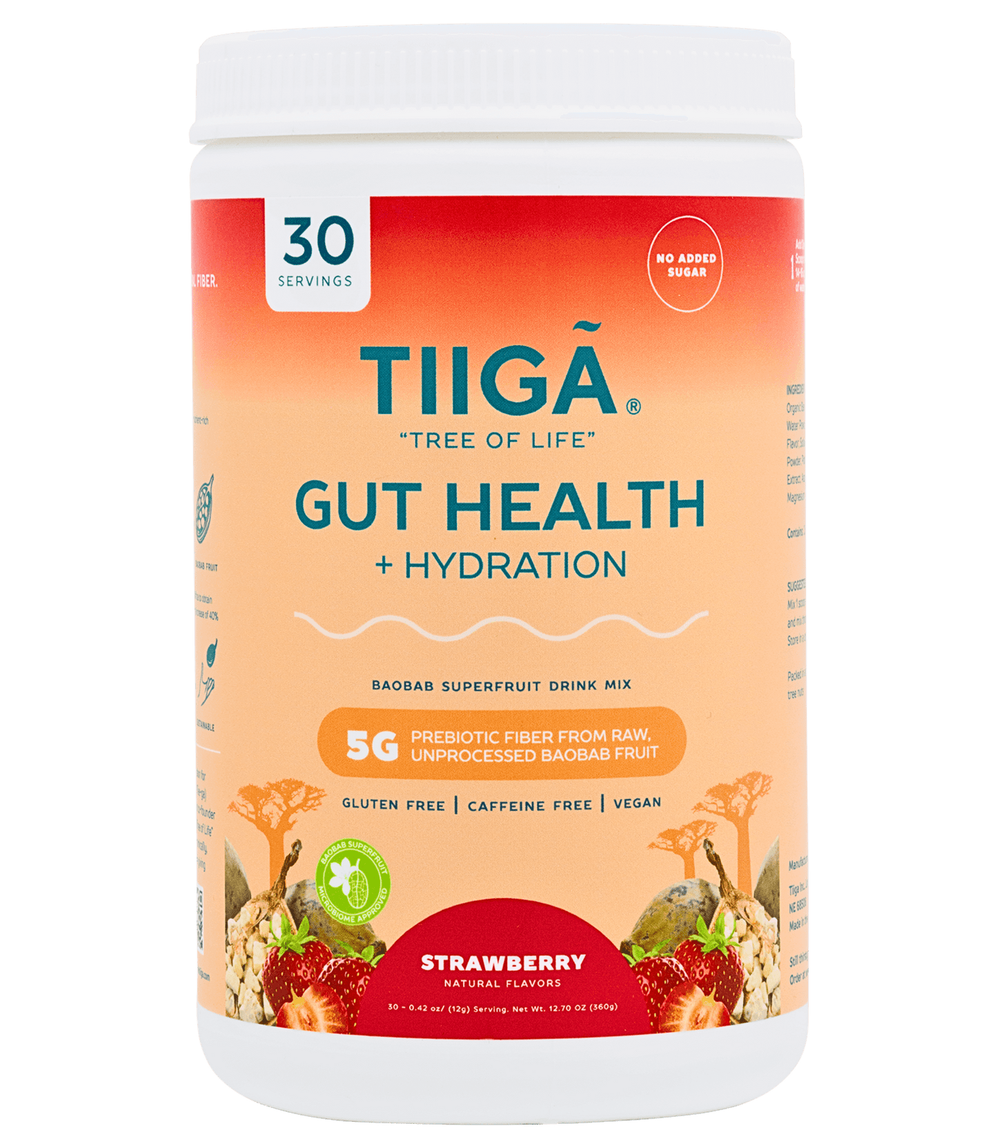 TIIGA Organic Baobab, Coconut Water & Prebiotic Fiber Electrolyte Supplement - 30 Serving Container - Strawberry