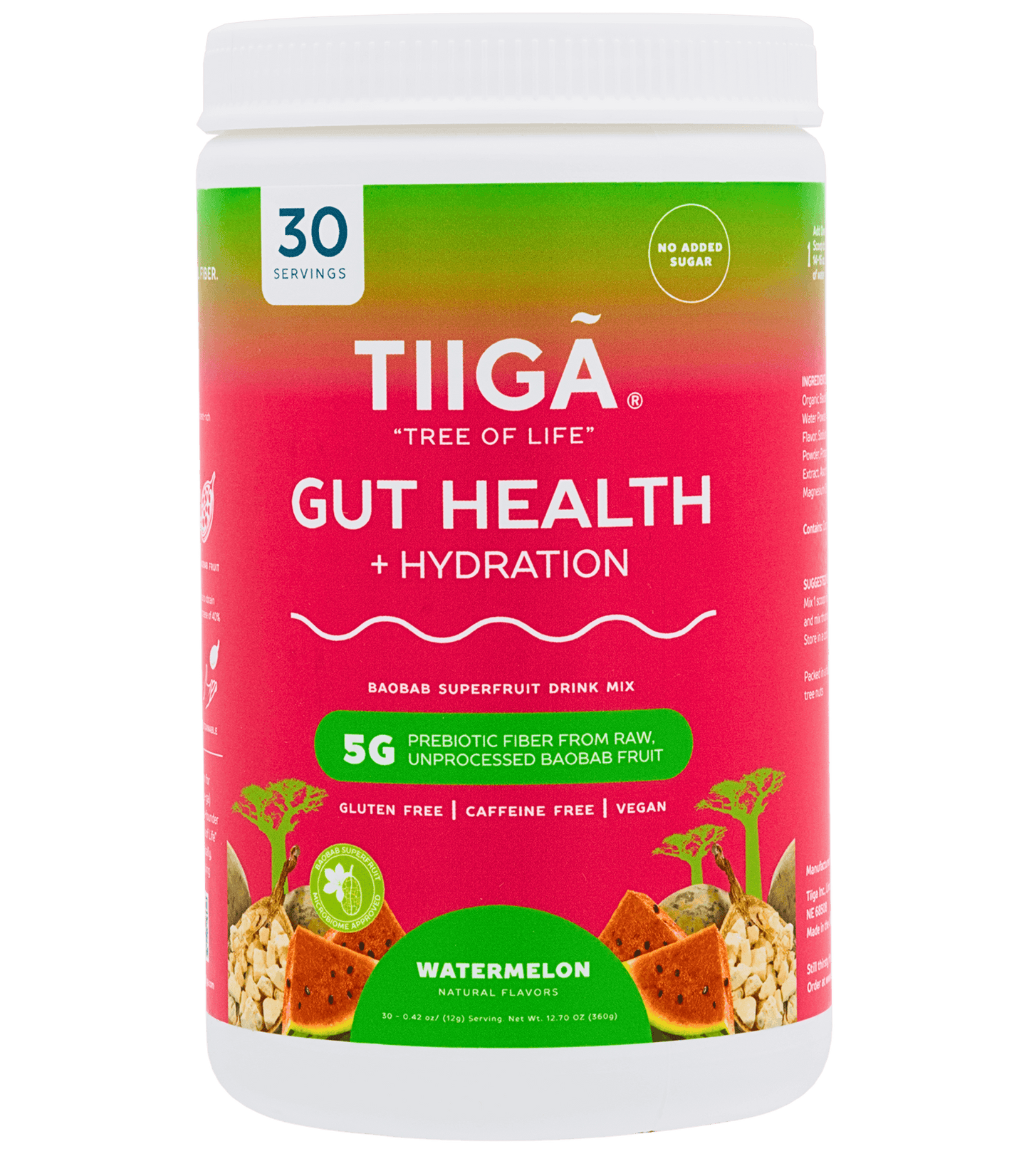 TIIGA Organic Baobab, Coconut Water & Prebiotic Fiber Electrolyte Supplement - 30 Serving Container - Watermelon