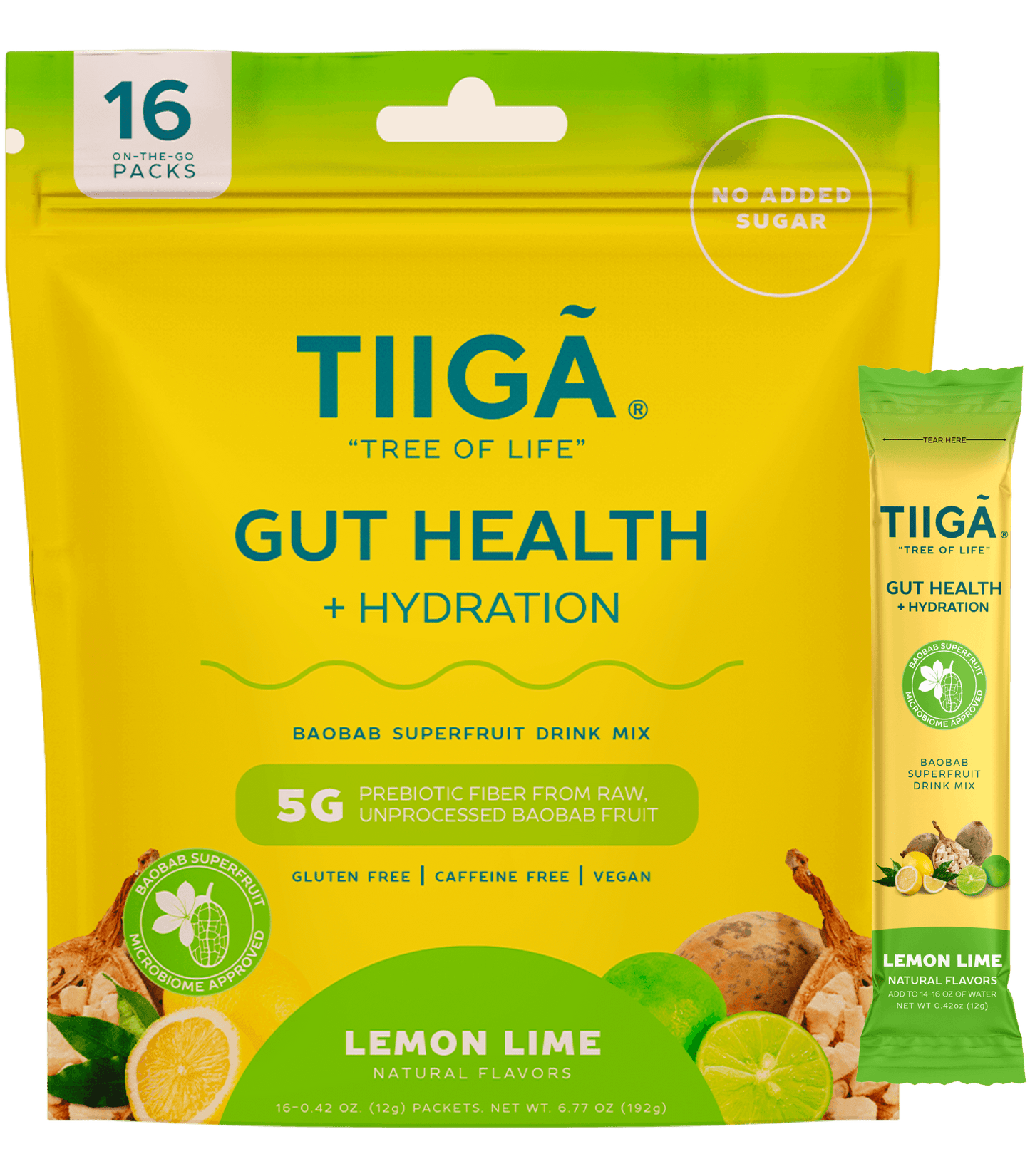 TIIGA Organic Baobab, Coconut Water & Prebiotic Fiber Electrolyte Supplement - Size - 16 Pack Bag - Lemon Lime