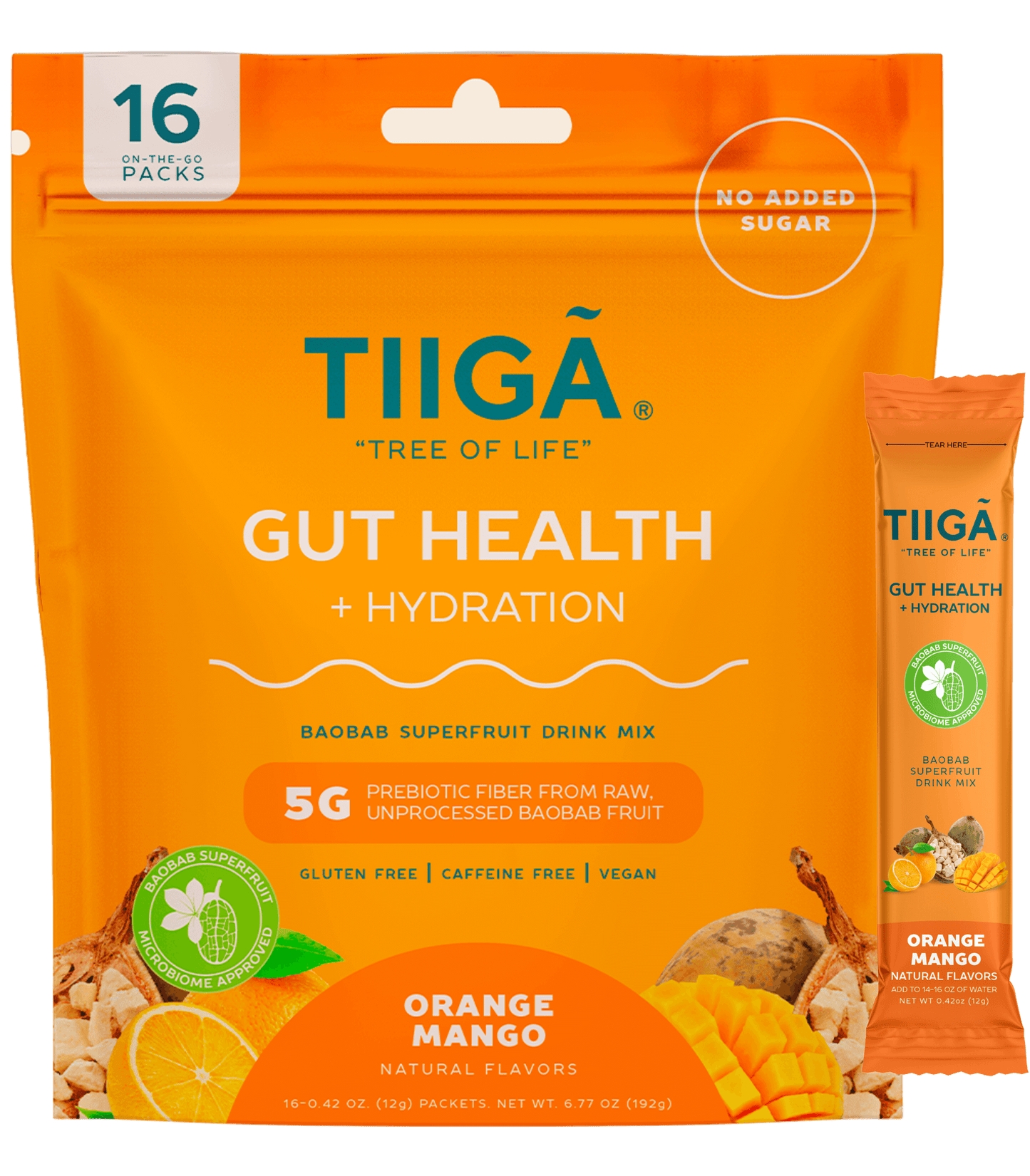 TIIGA Organic Baobab, Coconut Water & Prebiotic Fiber Electrolyte Supplement - Size - 16 Pack Bag - Orange Mango
