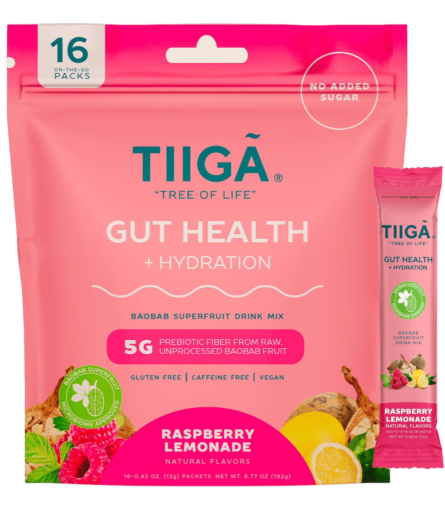 TIIGA Organic Baobab, Coconut Water & Prebiotic Fiber Electrolyte Supplement - 16 Pack Bag - Raspberry Lemonade