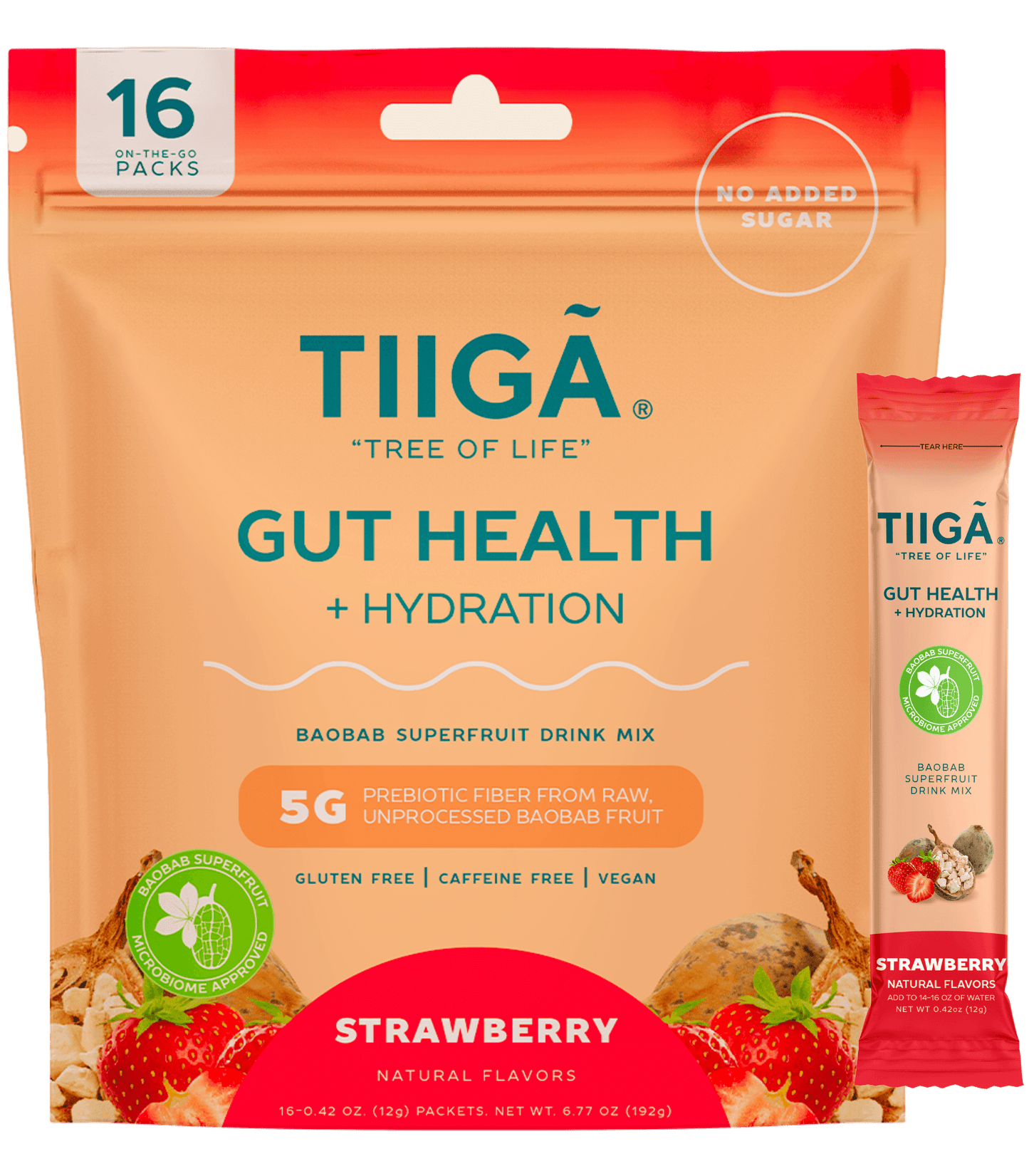 TIIGA Organic Baobab, Coconut Water & Prebiotic Fiber Electrolyte Supplement - Size - 16 Pack Bag - Strawberry