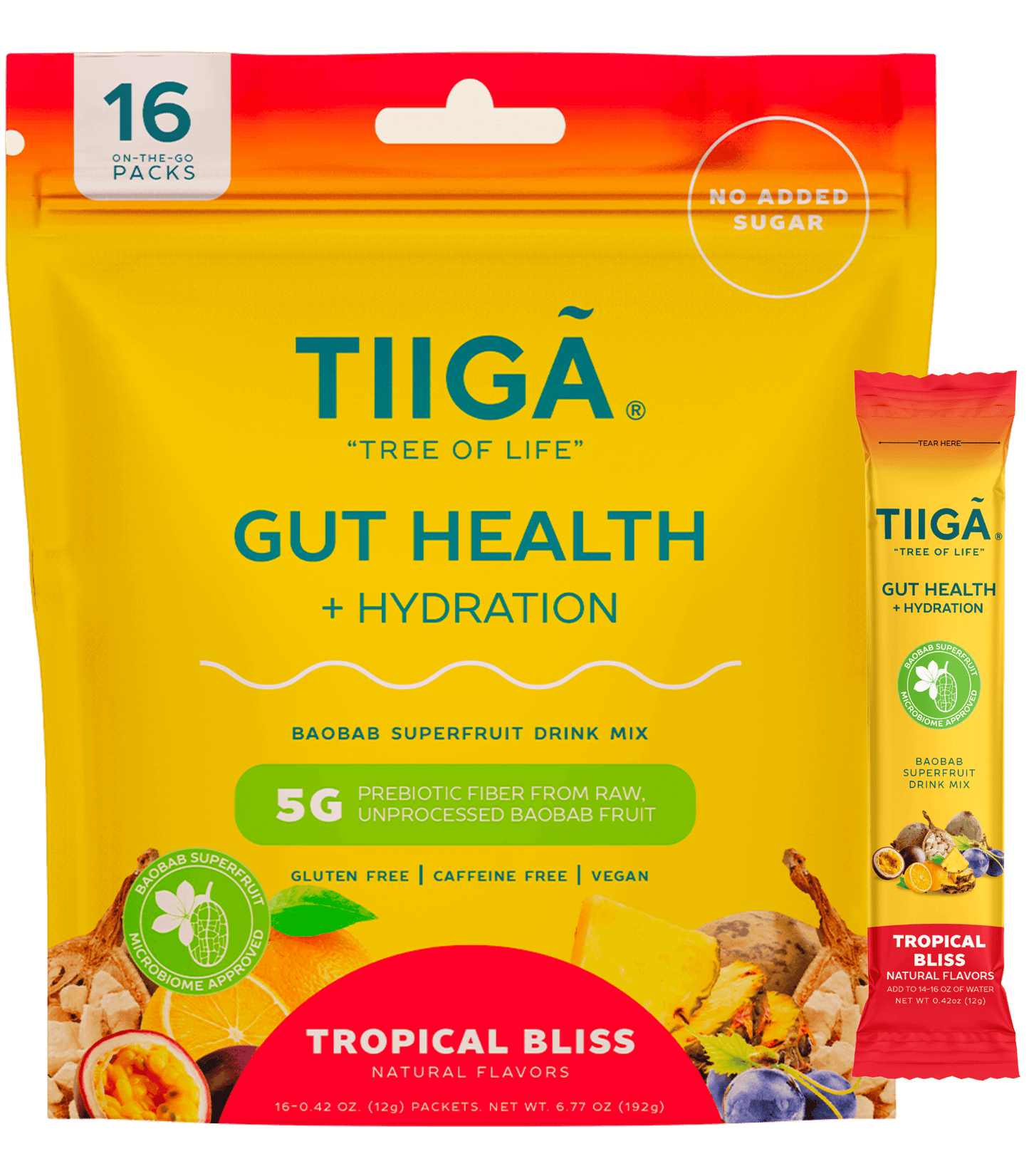 TIIGA Organic Baobab, Coconut Water & Prebiotic Fiber Electrolyte Supplement - Size - 16 Pack Bag - Tropical Bliss