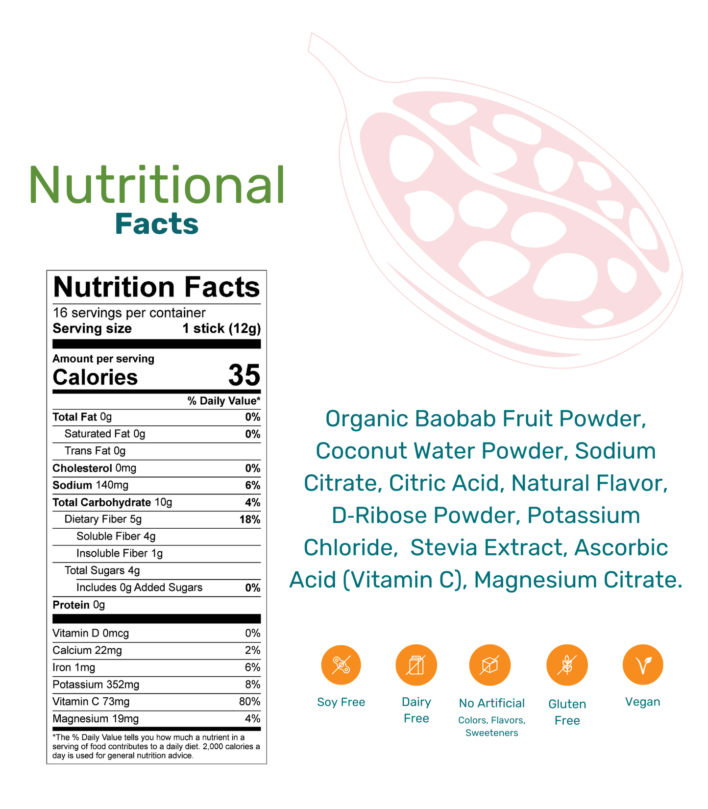 TIIGA Organic Baobab, Coconut Water & Prebiotic Fiber Electrolyte Supplement - Size - Nutritional Facts