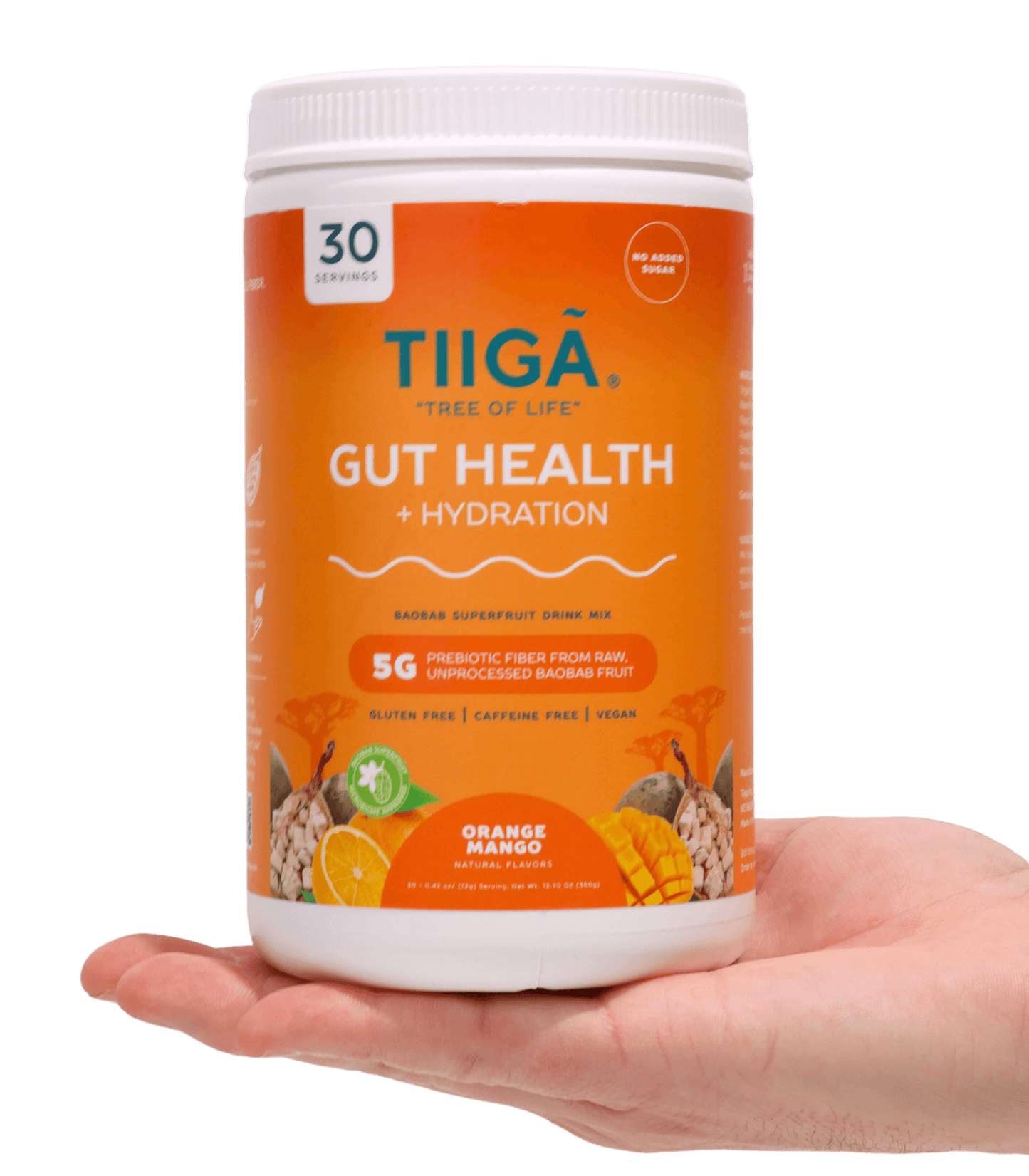 TIIGA Organic Baobab, Coconut Water & Prebiotic Fiber Electrolyte Supplement - 30 Serving Container - Orange Mango - Hand