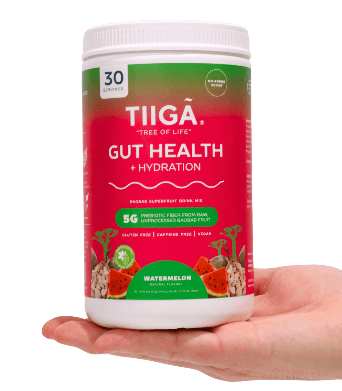TIIGA Organic Baobab, Coconut Water & Prebiotic Fiber Electrolyte Supplement - 30 Serving Container - Watermelon- Hand