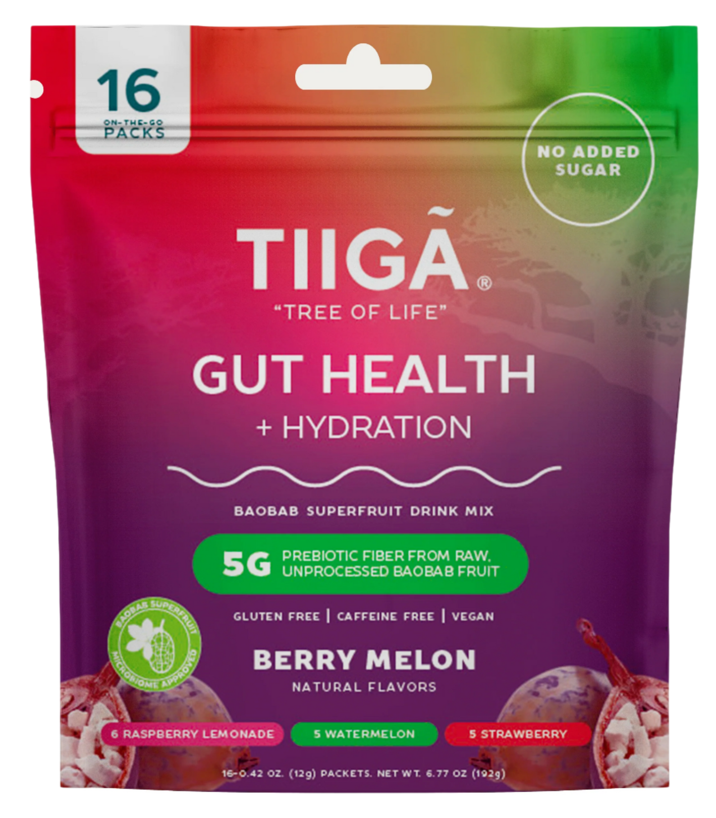 TIIGA Organic Baobab, Coconut Water & Prebiotic Fiber Electrolyte Supplement 16 Pack Bag Berry Melon