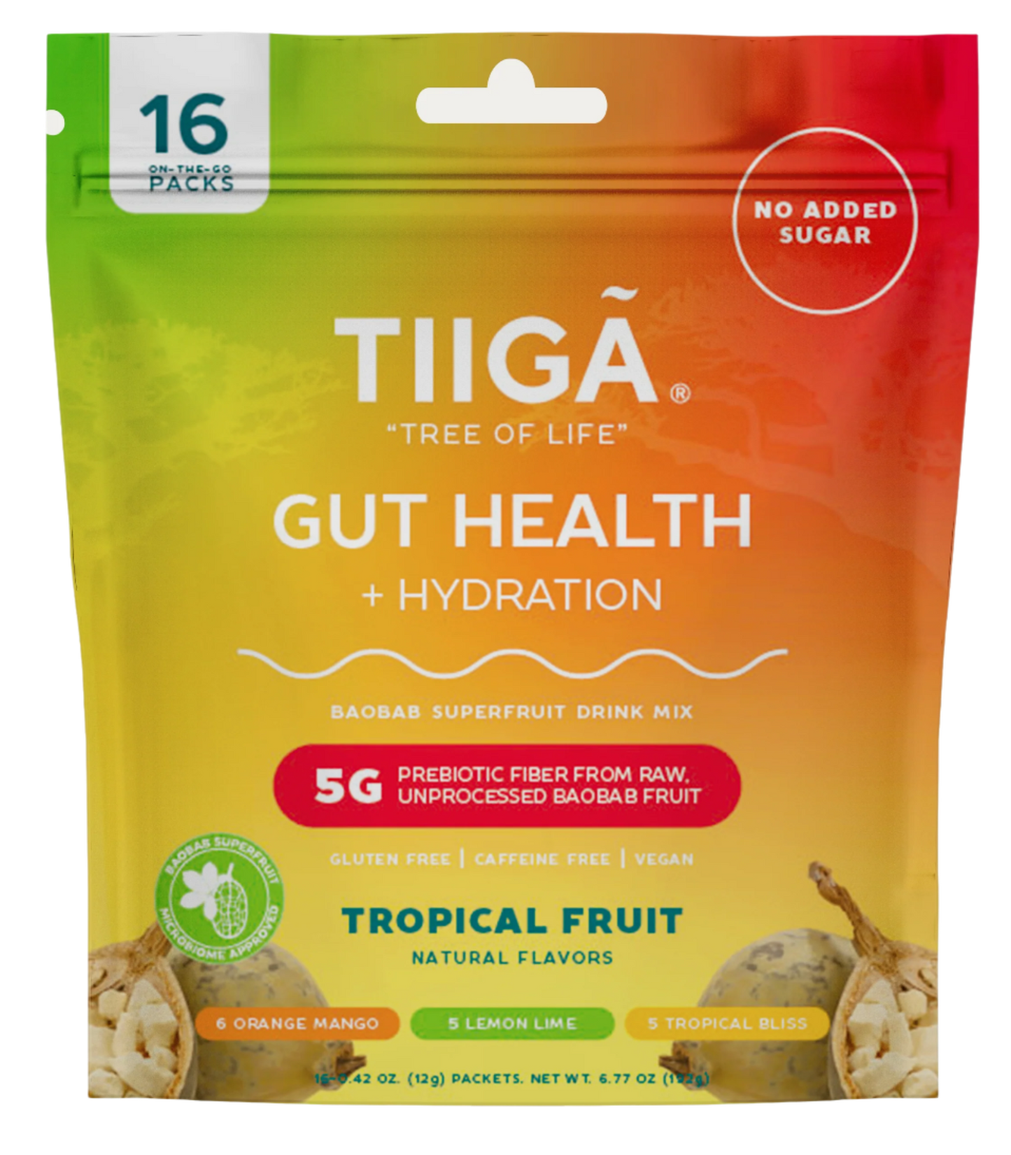 TIIGA Organic Baobab, Coconut Water & Prebiotic Fiber Electrolyte Supplement 16 Pack Bag Tropical Fruit