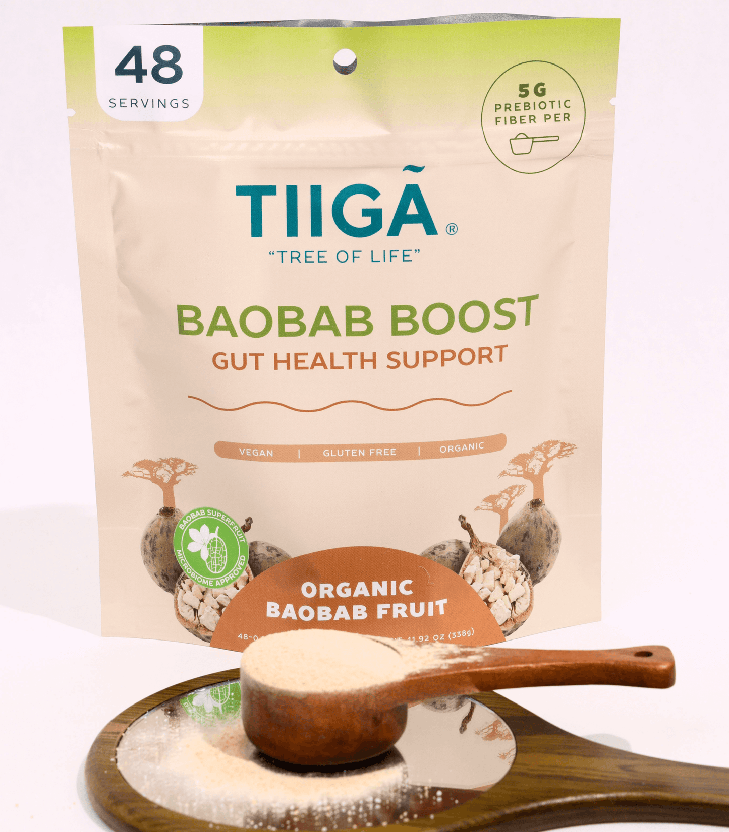 TIIGA Organic Baobab Fruit Prebiotic Fiber Supplement Whole Food Powder - 48 Serving Bag with powder