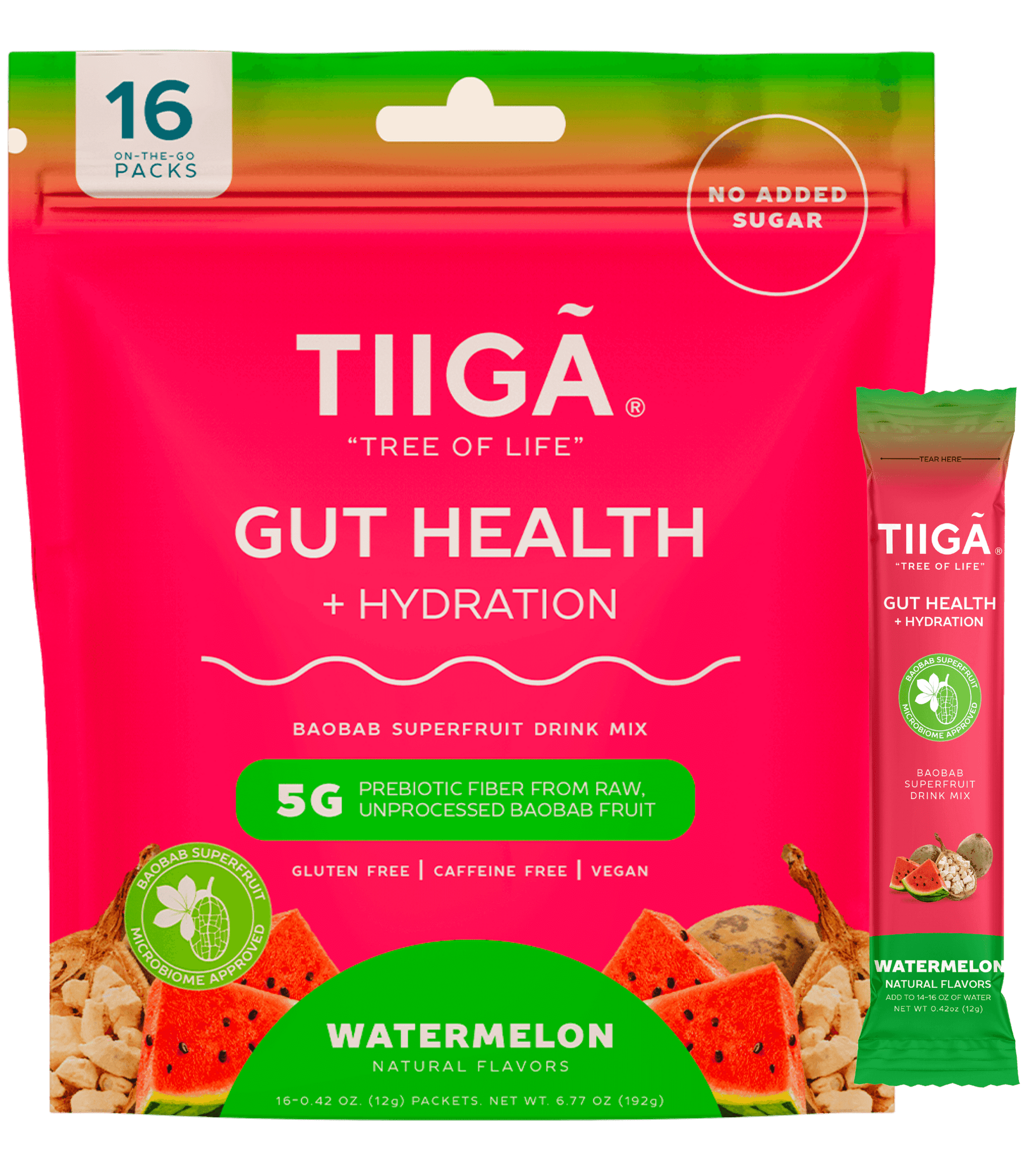 TIIGA Organic Baobab, Coconut Water & Prebiotic Fiber Electrolyte Supplement - Size - 16 Pack Bag - Watermelon