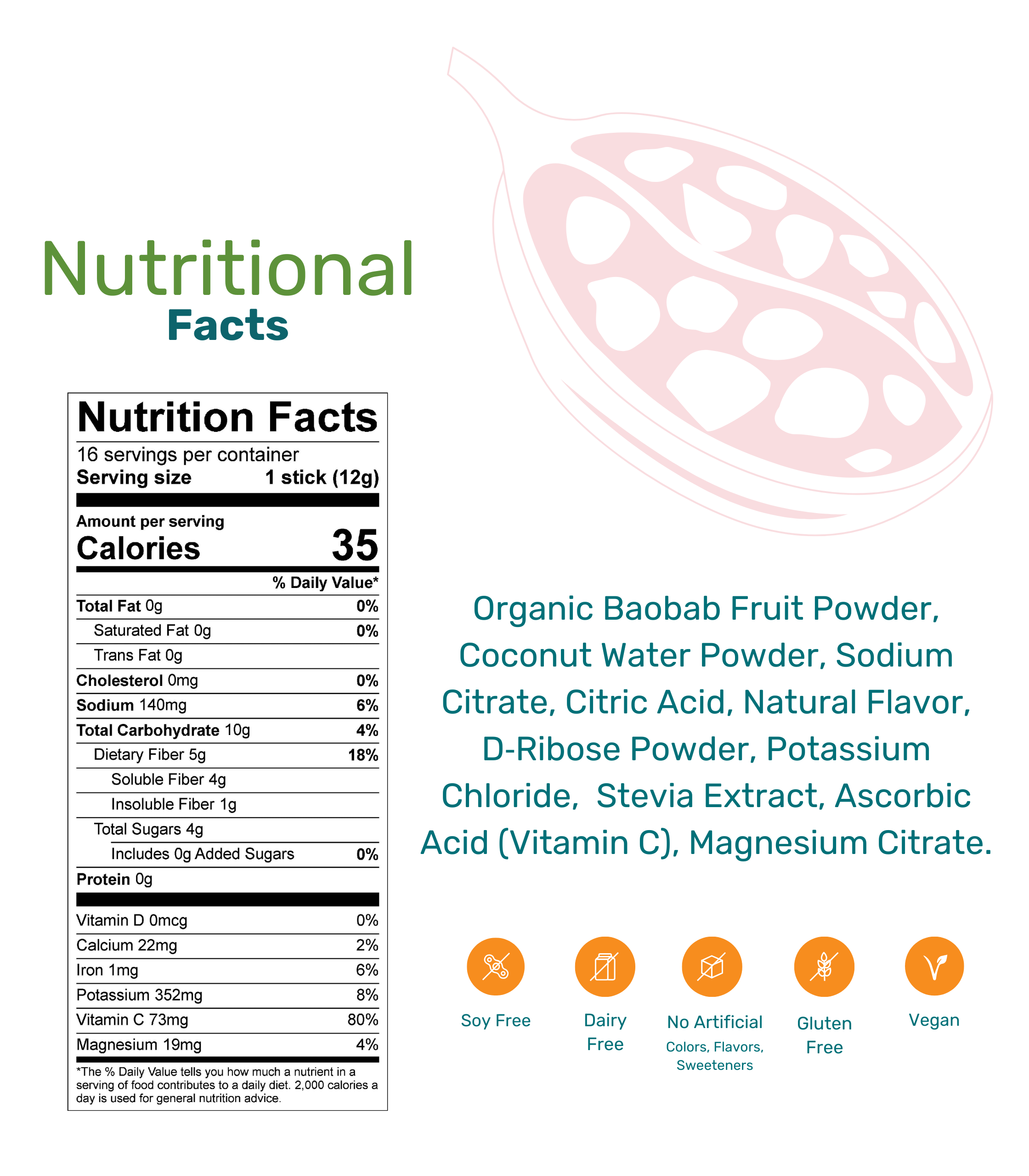 TIIGA Organic Baobab, Coconut Water & Prebiotic Fiber Electrolyte Supplement - Size - Nutritional Facts
