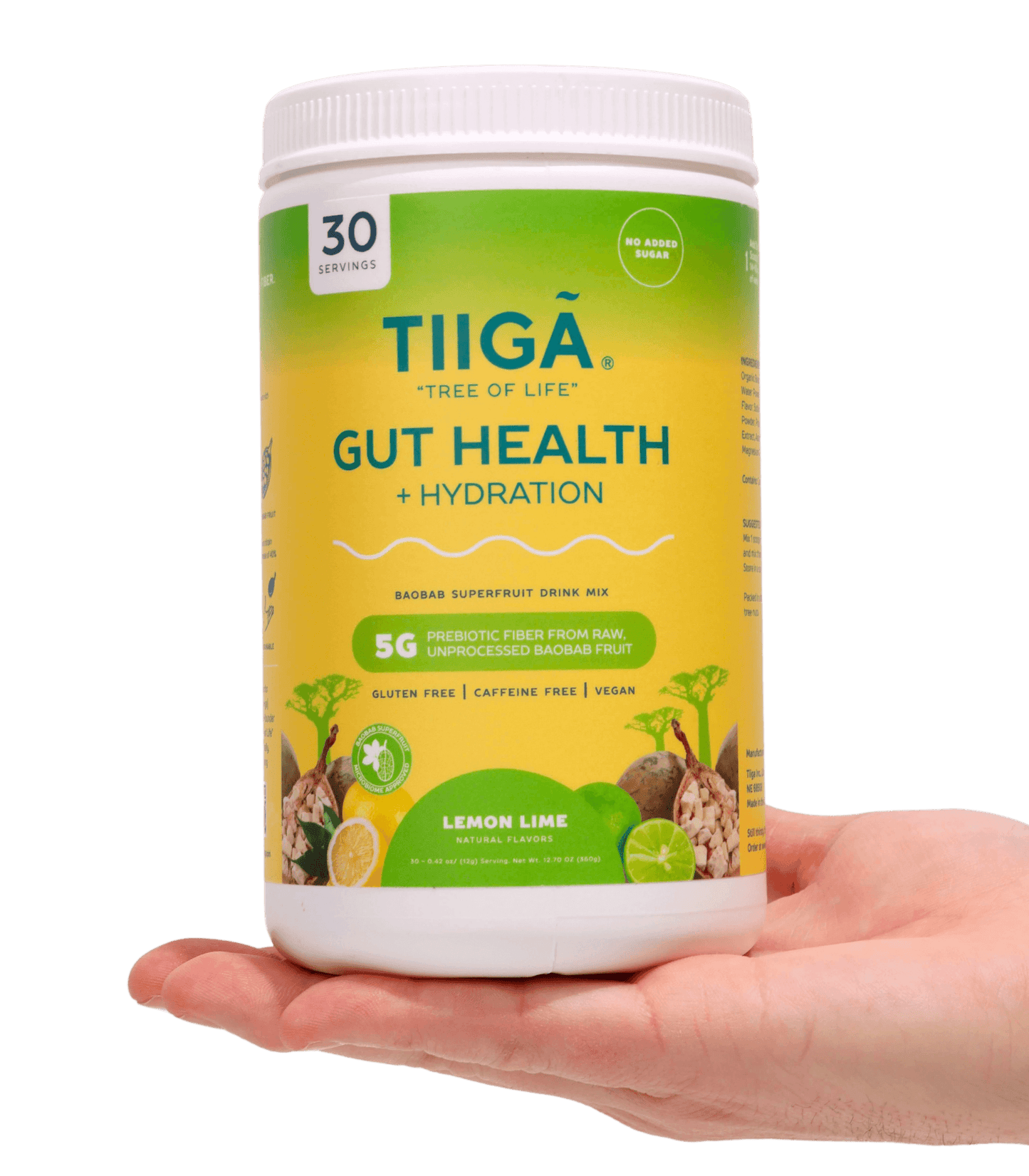 TIIGA Organic Baobab, Coconut Water & Prebiotic Fiber Electrolyte Supplement - 30 Serving Container - Lemon Lime - Hand