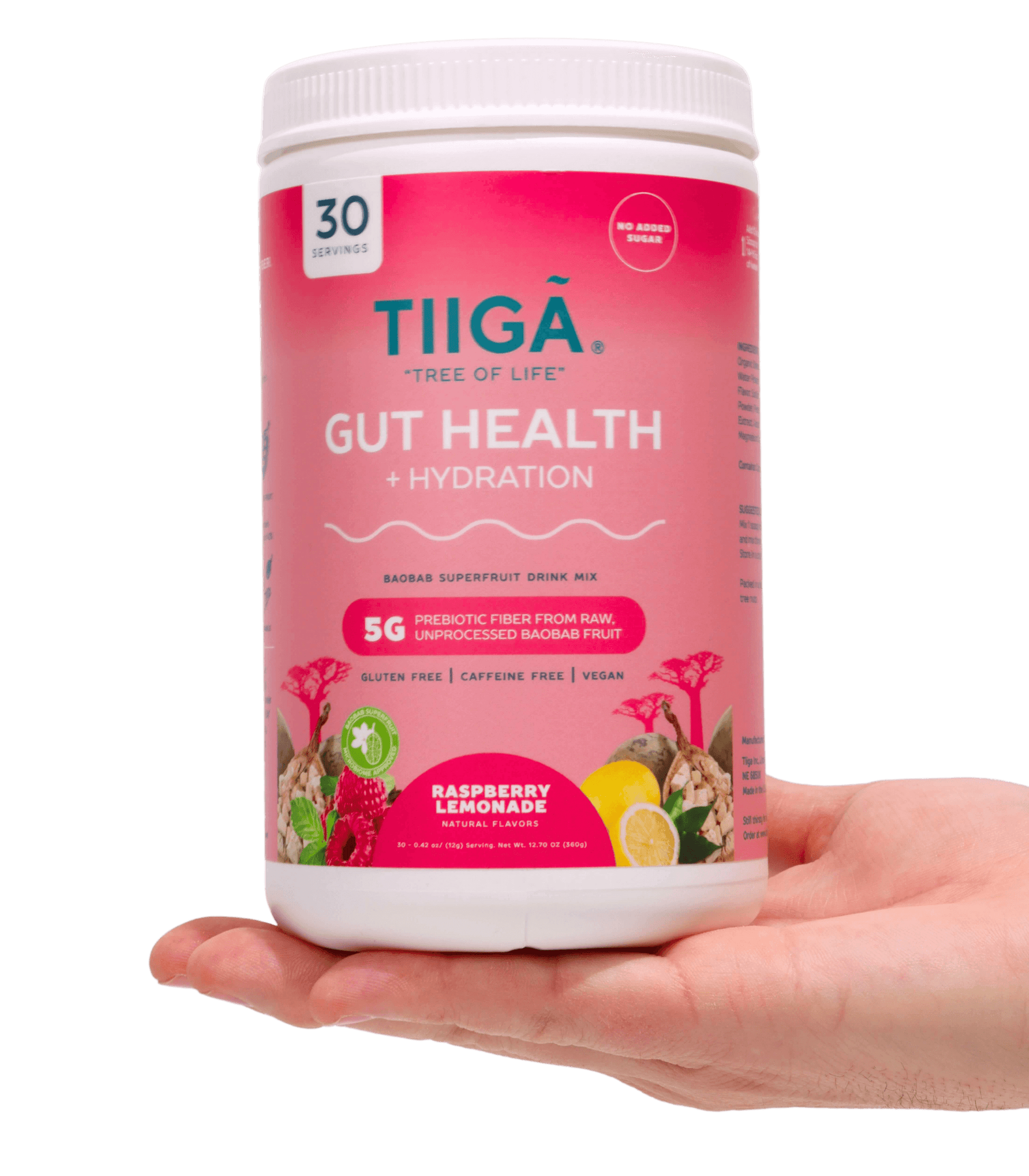 TIIGA Organic Baobab, Coconut Water & Prebiotic Fiber Electrolyte Supplement - 30 Serving Container - Raspberry Lemonade - Hand