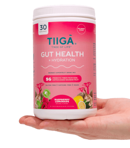 TIIGA Organic Baobab, Coconut Water & Prebiotic Fiber Electrolyte Supplement - 30 Serving Container - Raspberry Lemonade - Hand
