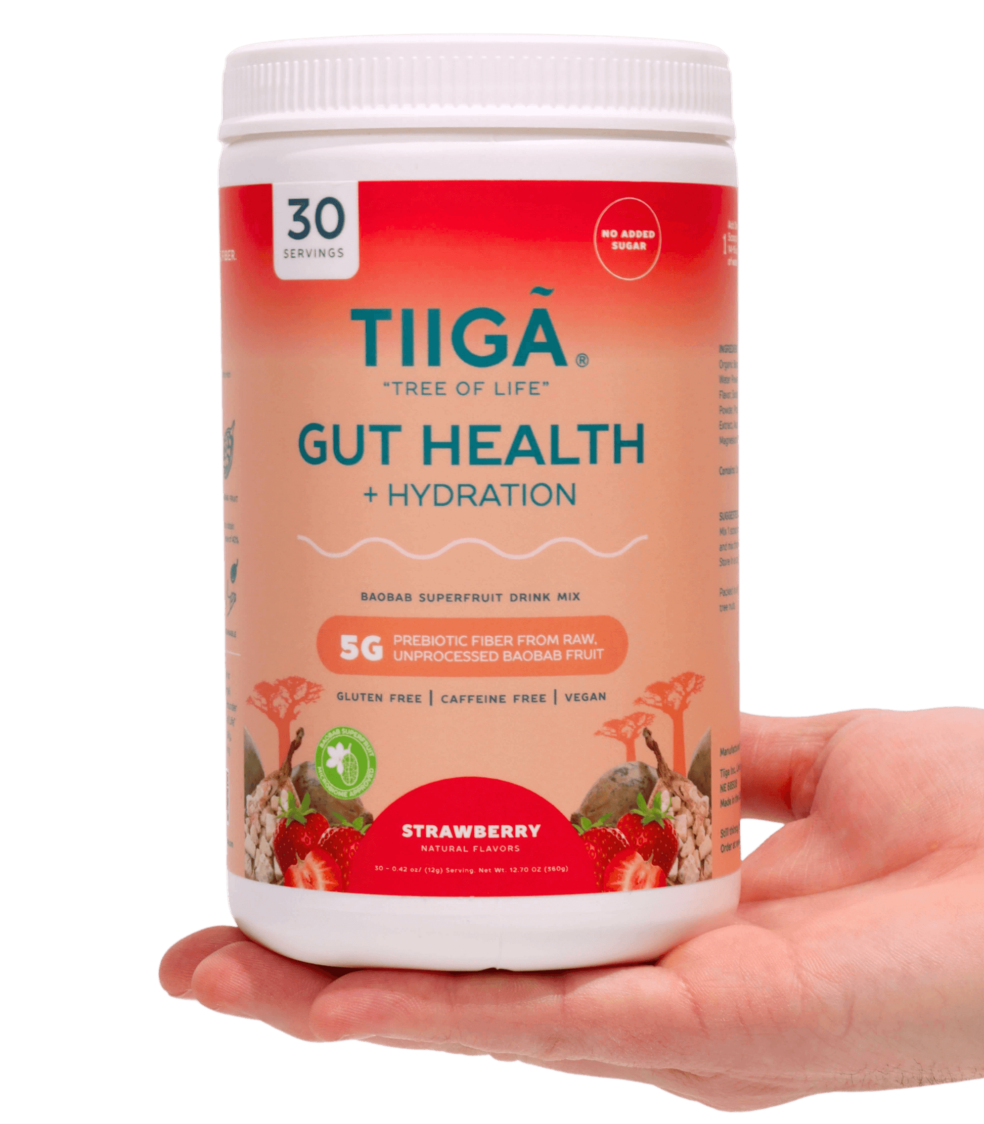 TIIGA Organic Baobab, Coconut Water & Prebiotic Fiber Electrolyte Supplement - 30 Serving Container - Strawberry - Hand