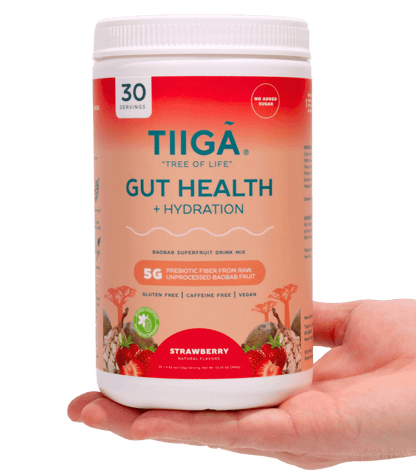 TIIGA Organic Baobab, Coconut Water & Prebiotic Fiber Electrolyte Supplement - 30 Serving Container - Strawberry - Hand