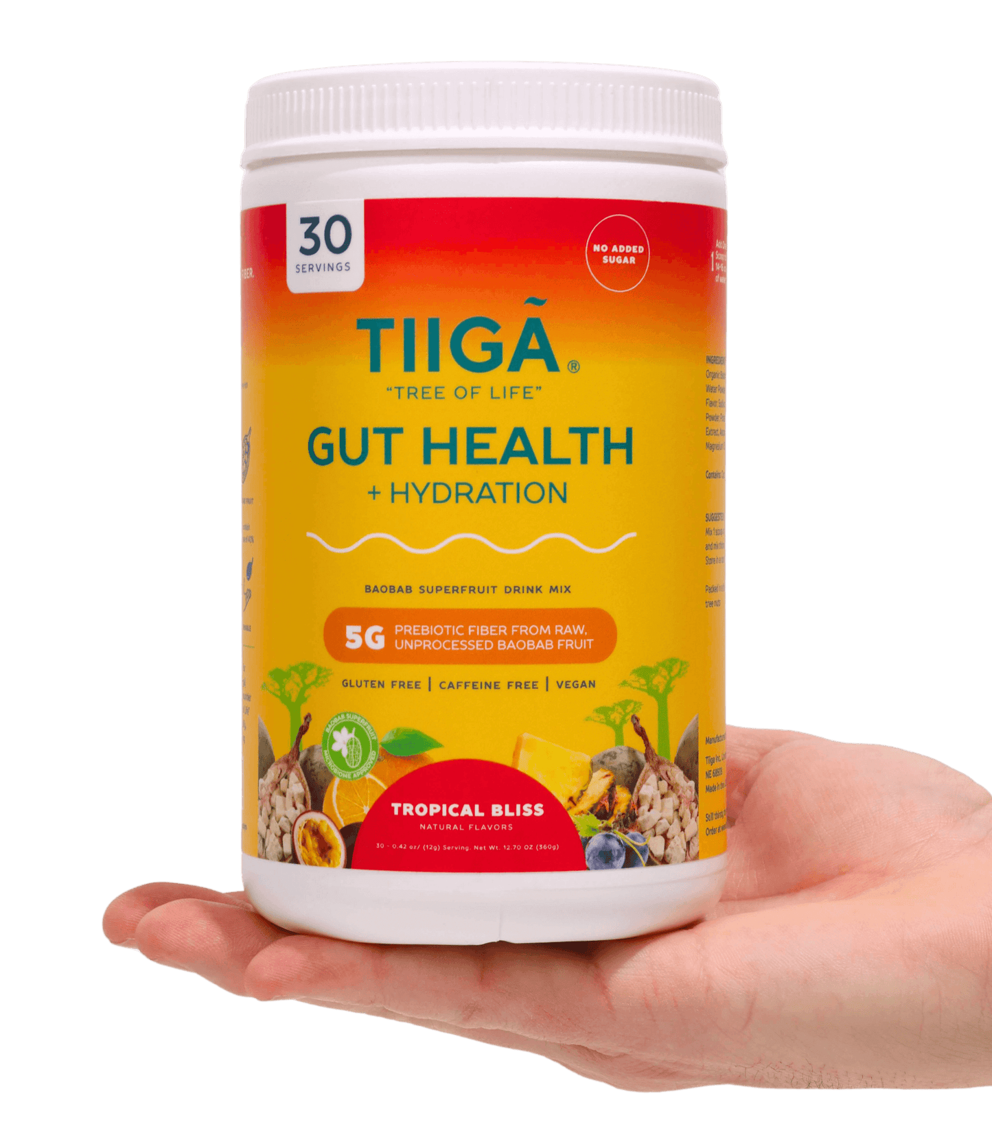 TIIGA Organic Baobab, Coconut Water & Prebiotic Fiber Electrolyte Supplement - 30 Serving Container - Tropical Bliss - Hand