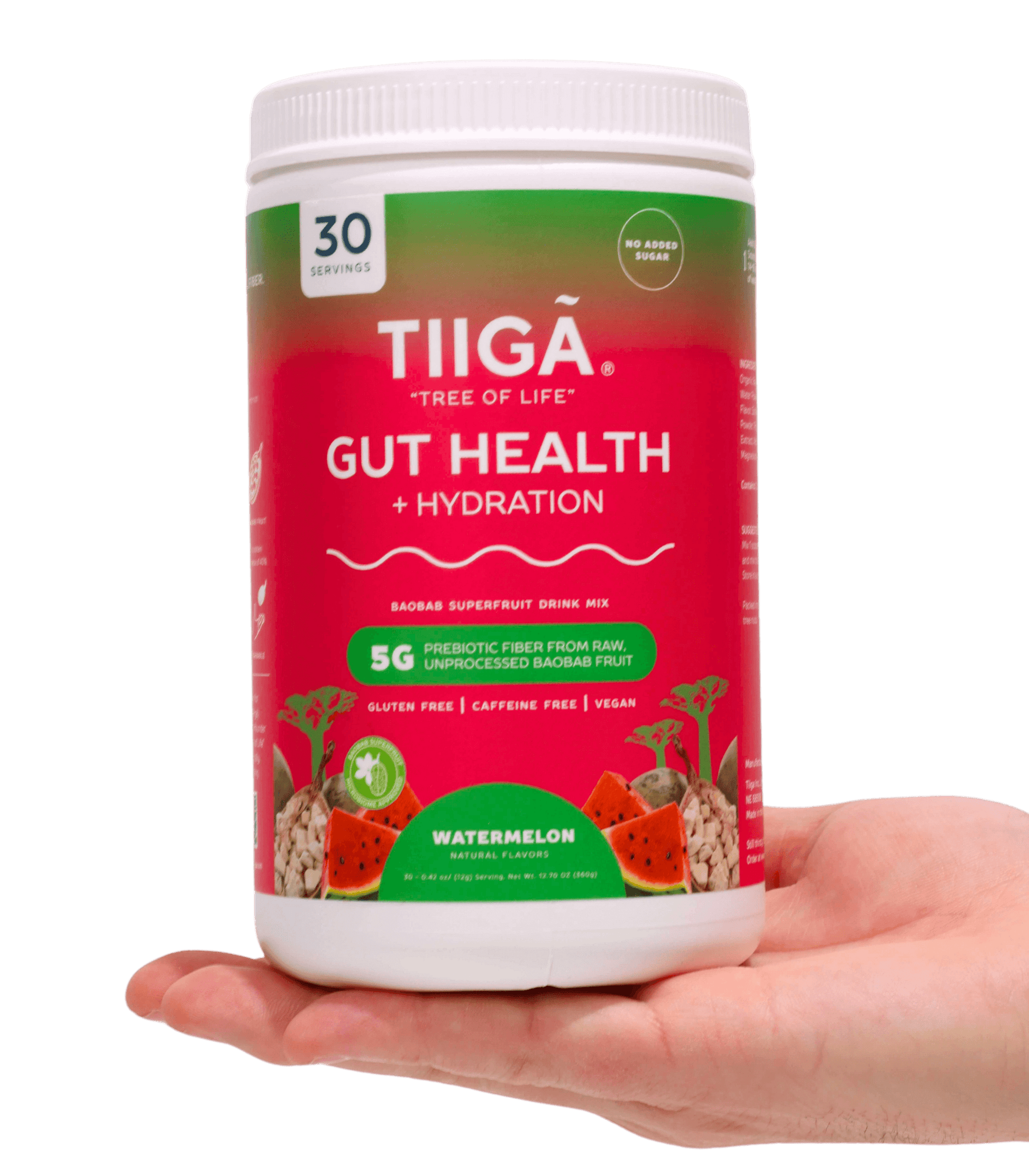 TIIGA Organic Baobab, Coconut Water & Prebiotic Fiber Electrolyte Supplement - 30 Serving Container - Watermelon- Hand