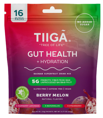 TIIGA Organic Baobab, Coconut Water & Prebiotic Fiber Electrolyte Supplement 16 Pack Bag Berry Melon