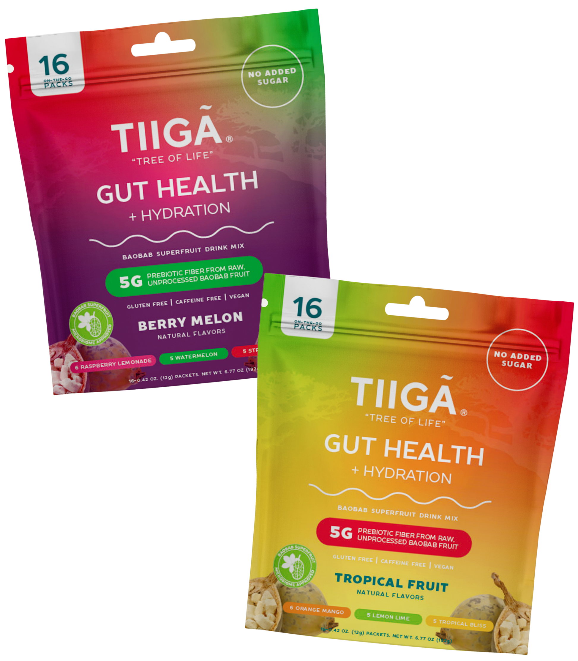 TIIGA Organic Baobab, Coconut Water & Prebiotic Fiber Electrolyte Supplement 16 Pack Bag Berry Melon Tropical Fruit Variety Packs