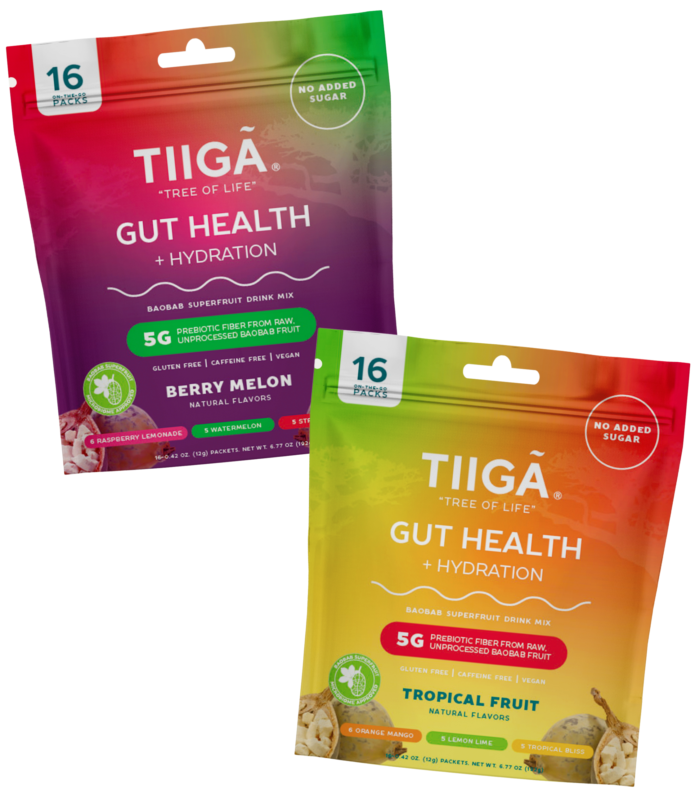 TIIGA Organic Baobab, Coconut Water & Prebiotic Fiber Electrolyte Supplement 16 Pack Bag Berry Melon Tropical Fruit Variety Packs