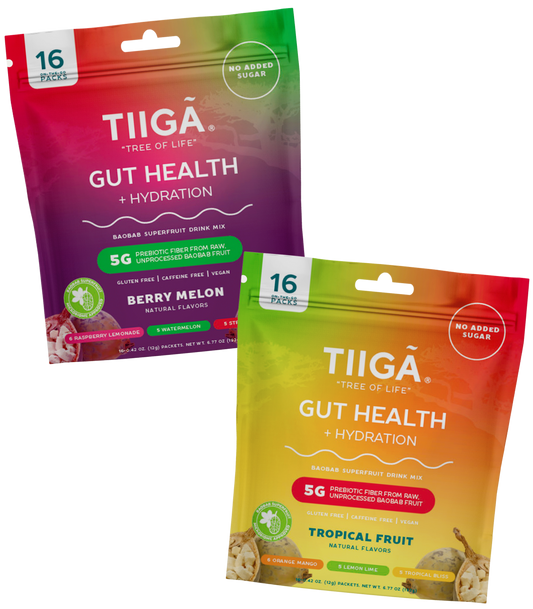 TIIGA Organic Baobab, Coconut Water & Prebiotic Fiber Electrolyte Supplement 16 Pack Bag Berry Melon Tropical Fruit Variety Packs