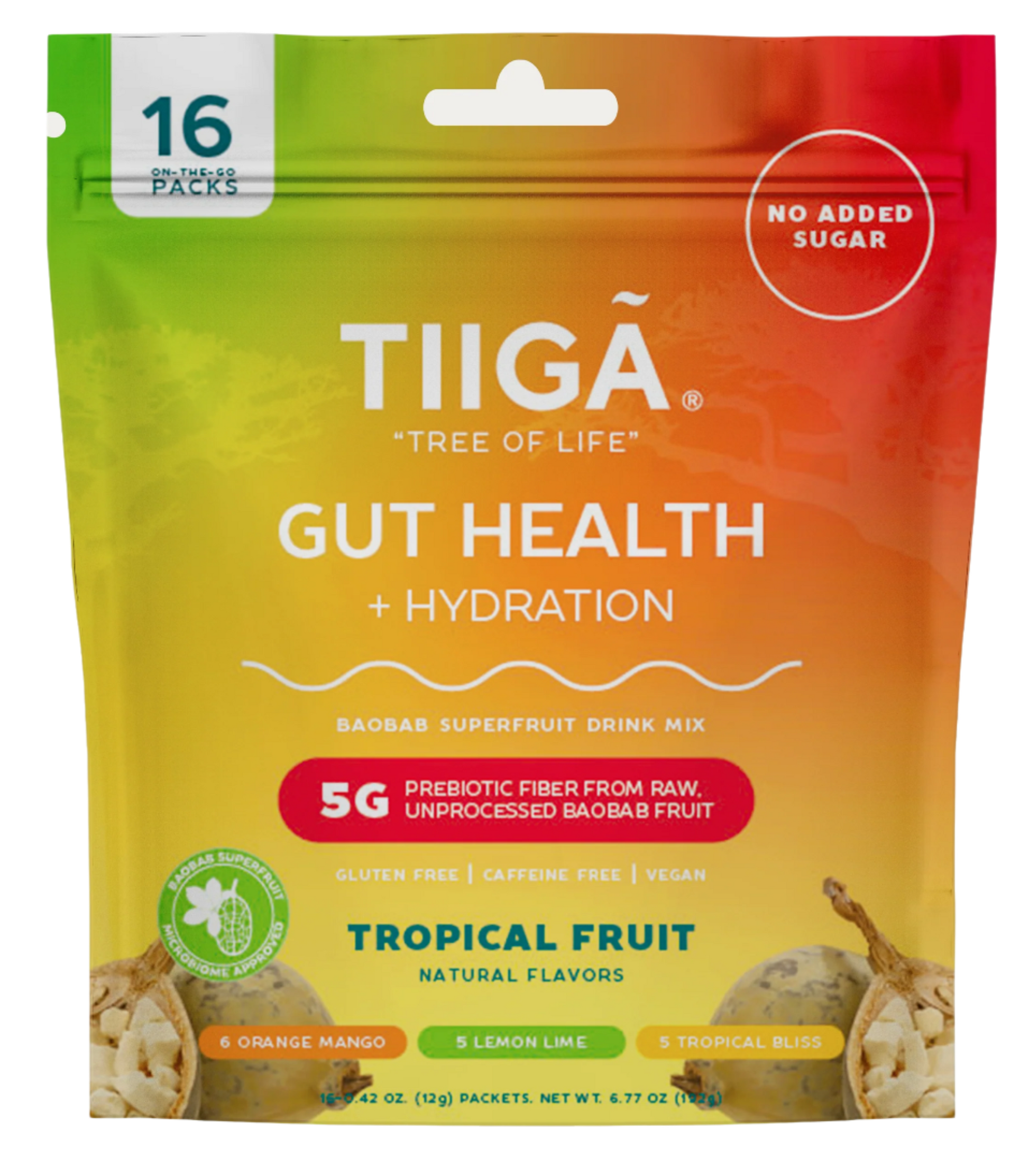 TIIGA Organic Baobab, Coconut Water & Prebiotic Fiber Electrolyte Supplement 16 Pack Bag Tropical Fruit