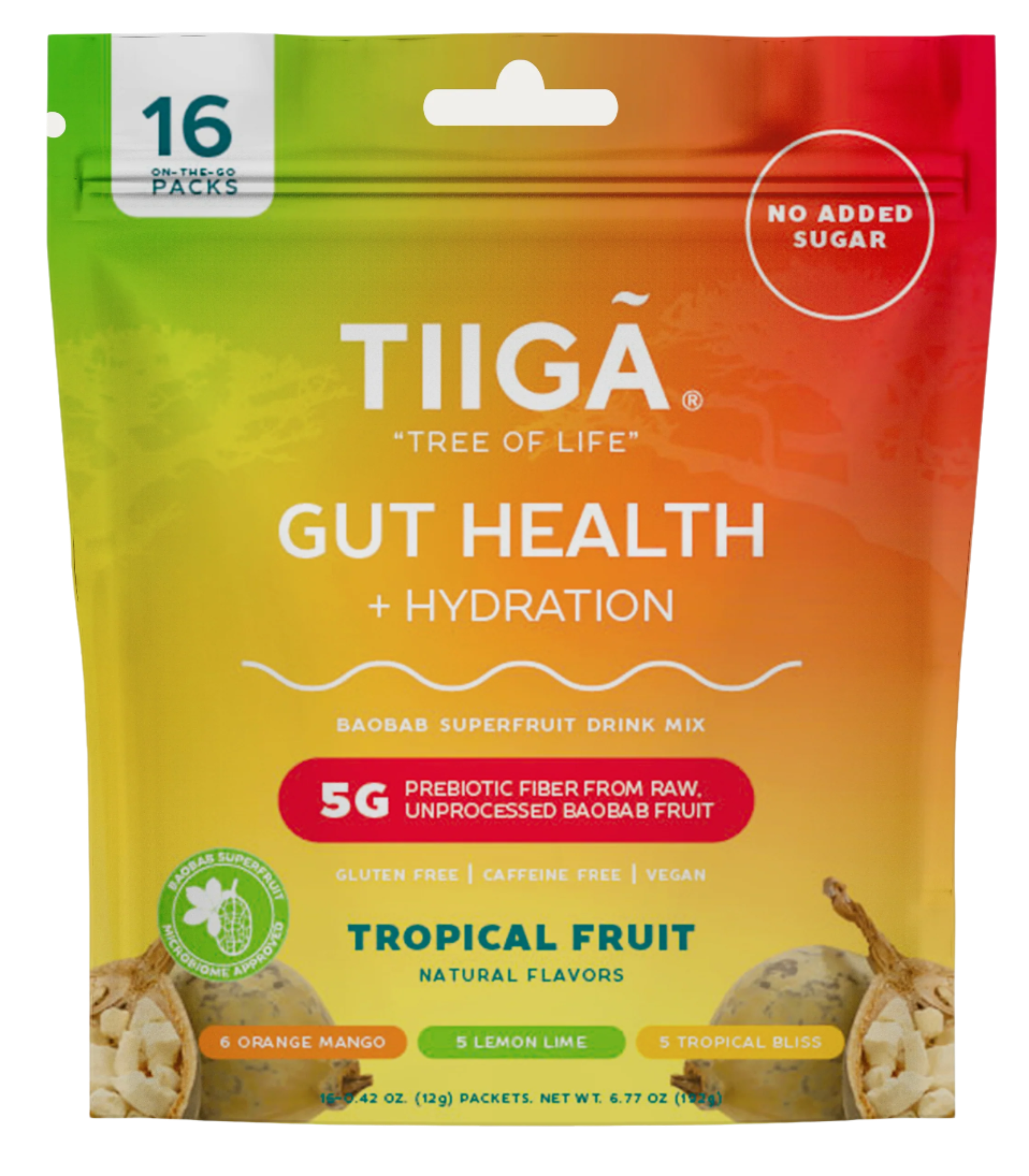 TIIGA Organic Baobab, Coconut Water & Prebiotic Fiber Electrolyte Supplement 16 Pack Bag Tropical Fruit