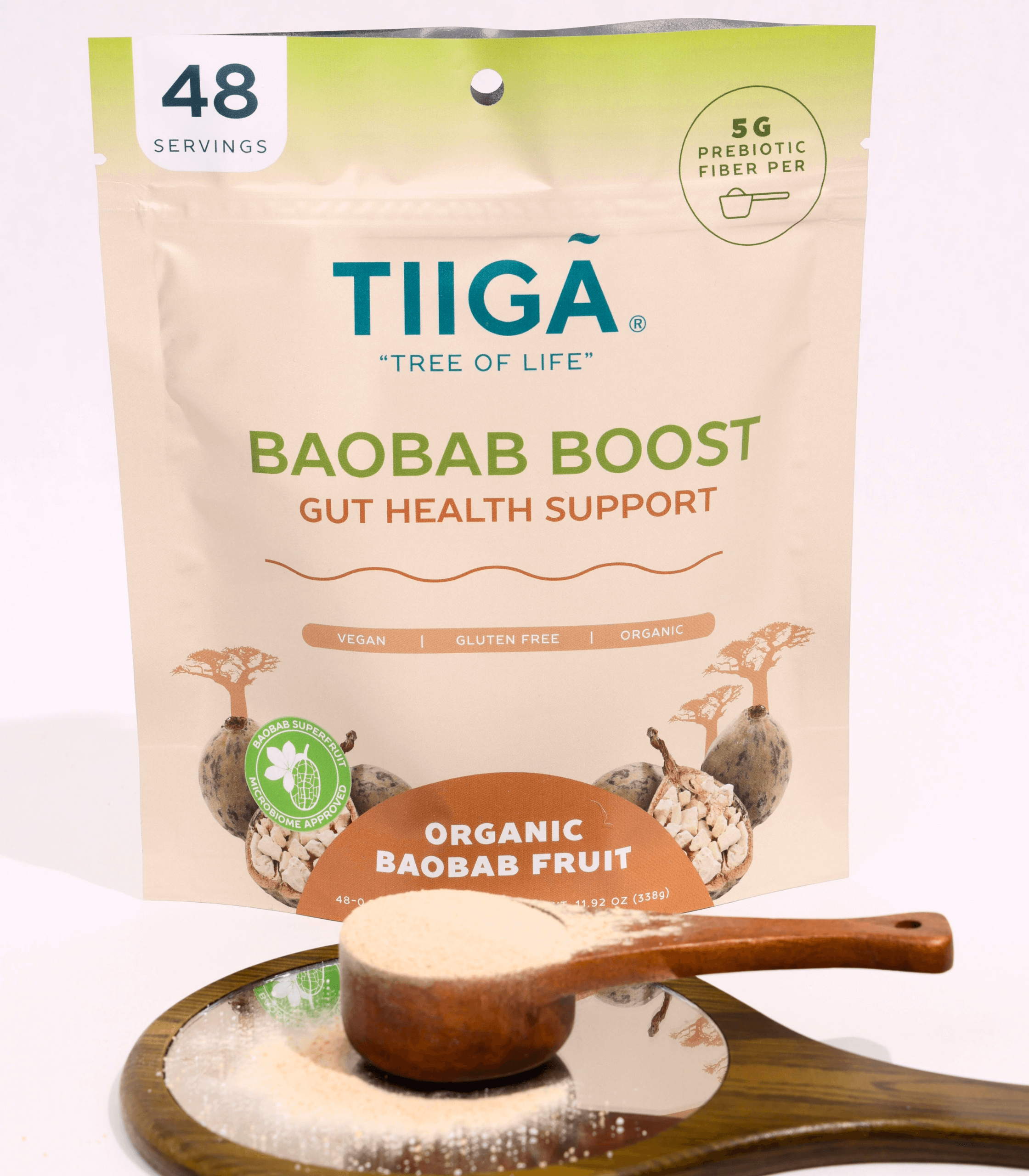 TIIGA Organic Baobab Fruit Prebiotic Fiber Supplement Whole Food Powder - 48 Serving Bag with powder
