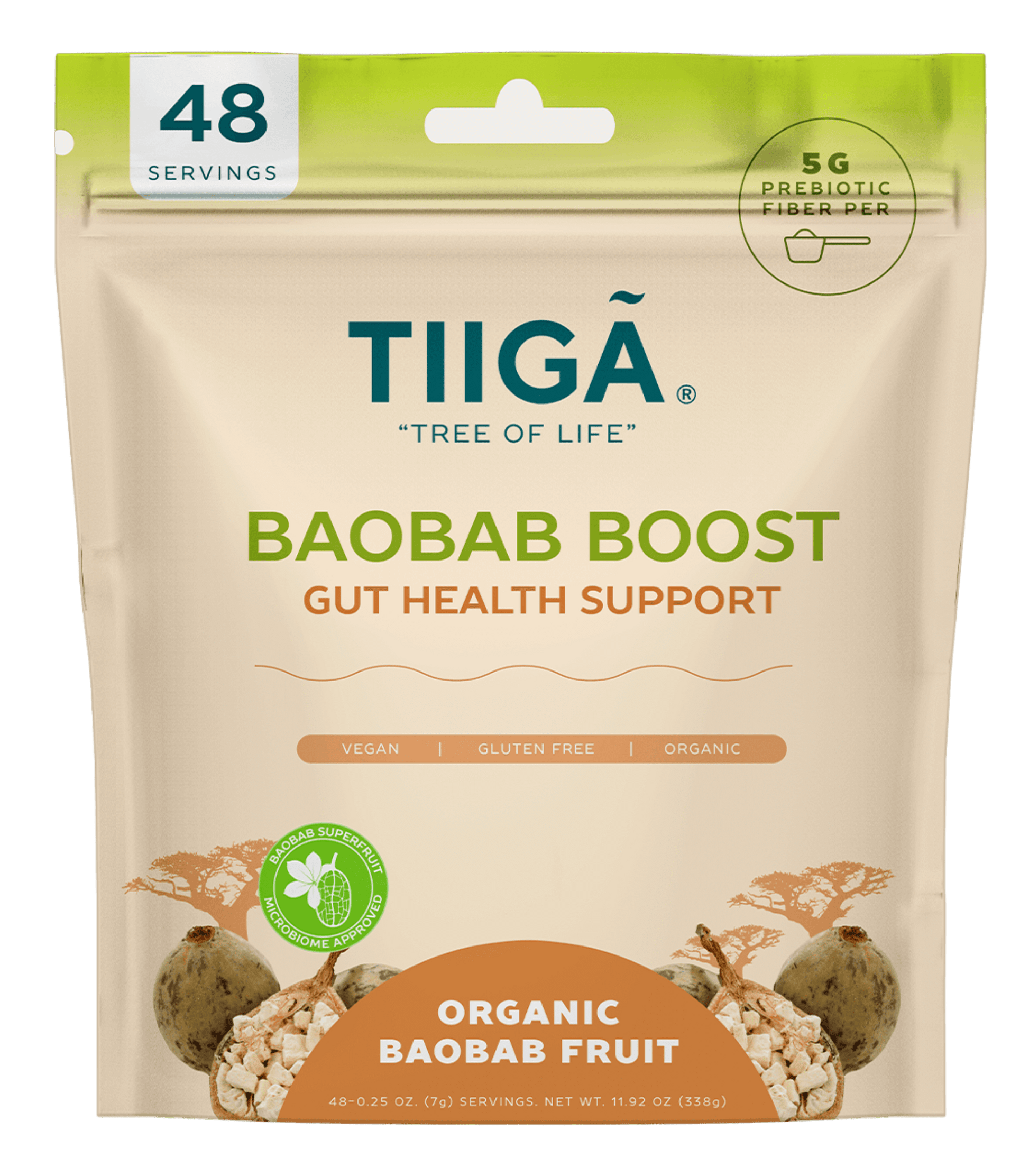 TIIGA Organic Baobab Fruit Prebiotic Fiber Supplement Whole Food Powder - 48 Serving Bag 