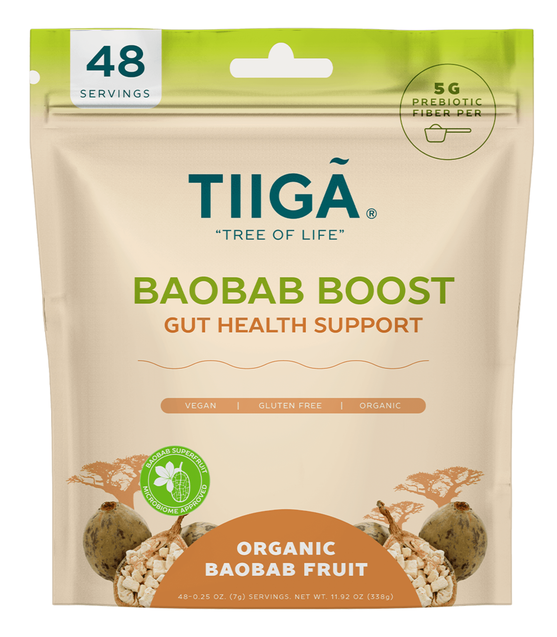 TIIGA Organic Baobab Fruit Prebiotic Fiber Supplement Whole Food Powder - 48 Serving Bag 